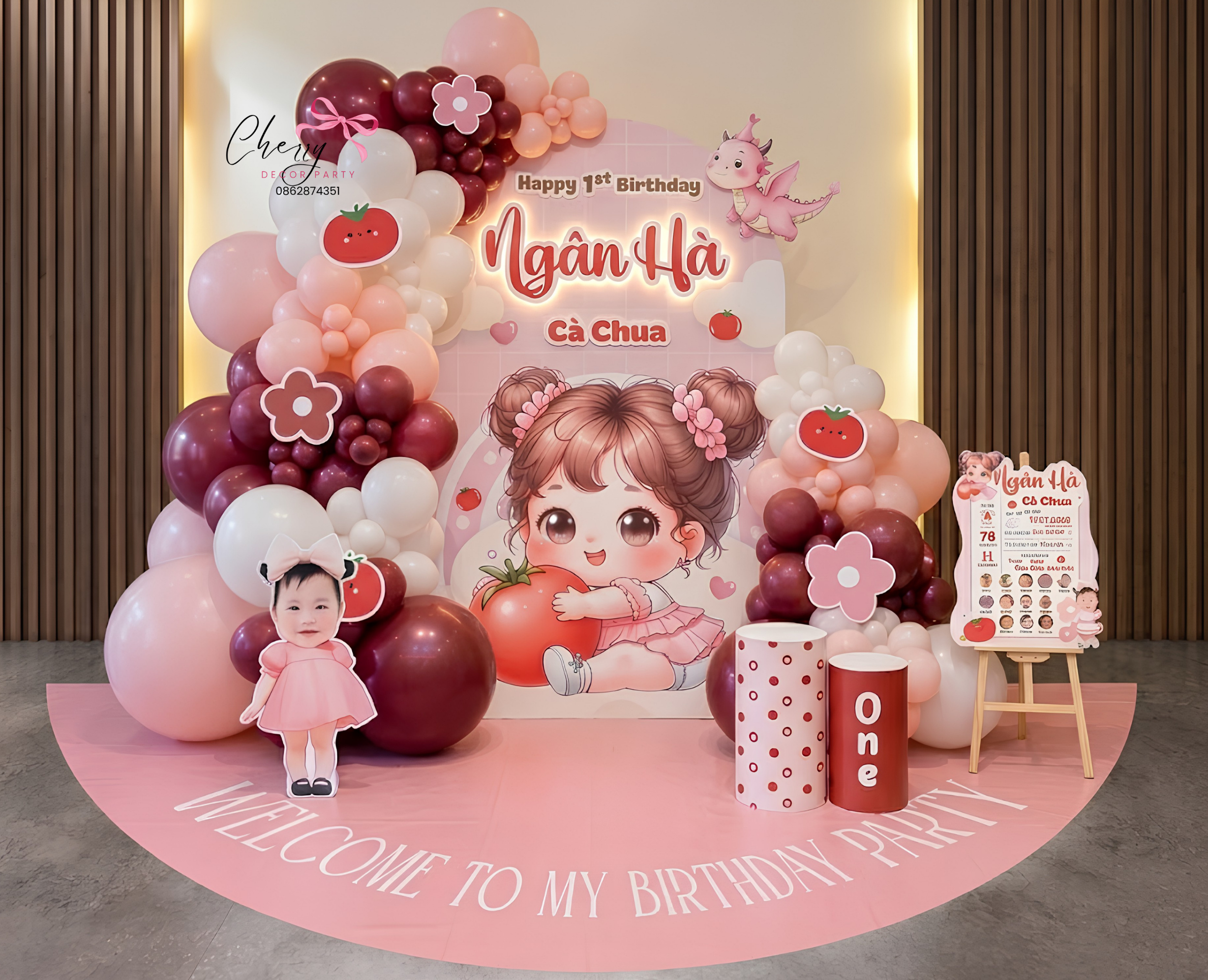Mẫu trang trí sinh nhật bé gái tone đỏ